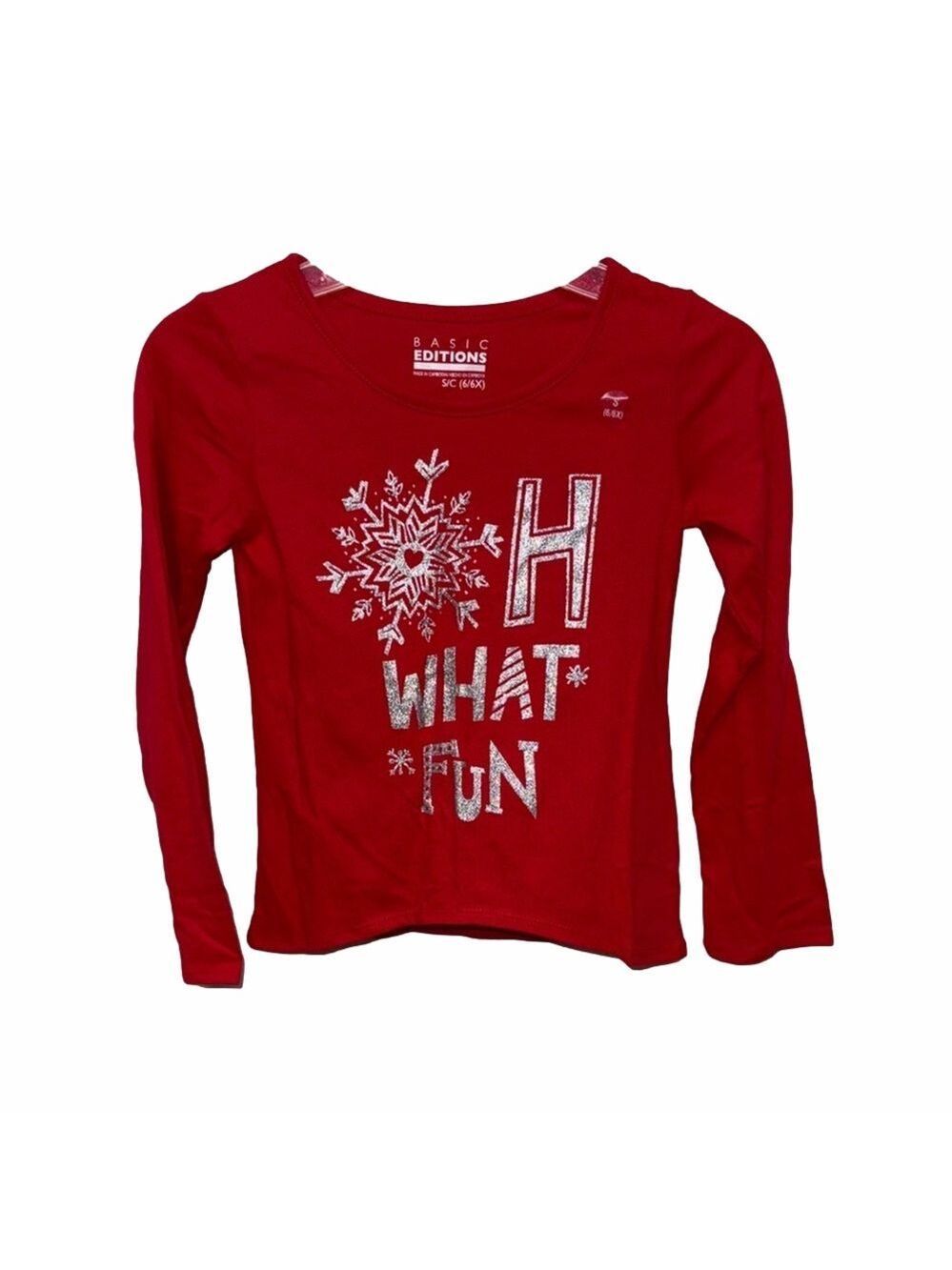 Basic Editions Girls Red Oh What Fun Christmas Snowflake Graphic Long Sleeve Tee